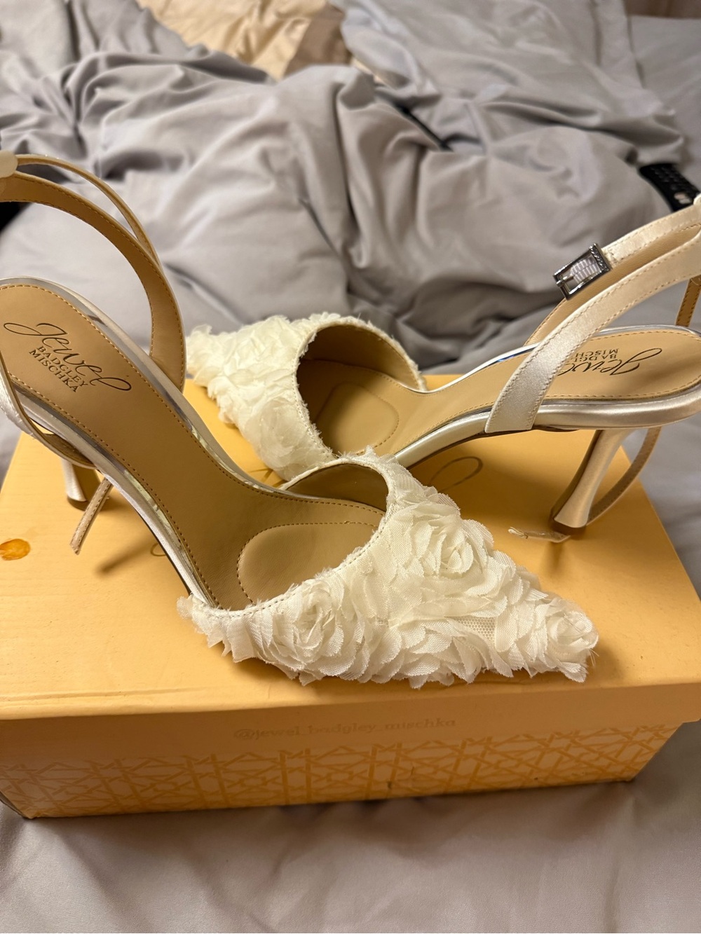 White  Floral-Embellished Slingback Heels
